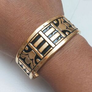 Vtg 90s Best Gold Tone and Black Enamel Aztec Style Cuff Bracelet New in Package